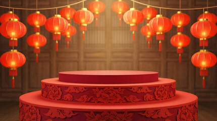 Lunar New Year Celebration: A vibrant, festive scene is illuminated by the warm glow of traditional lanterns, with an ornate red platform, ready for celebration