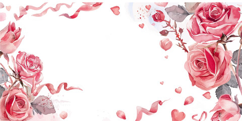 A beautifully designed Valentine's Day card featuring a border of pink and red roses, hearts, and ribbons with the message 'Forever Forever Love Valentine' in the center.