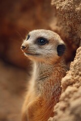 Fototapeta premium Meerkat peeking out from a sandy, rocky burrow. Concept Meerkat peek, Sandy burrow, Curious wildlife, Desert tones, Golden hour