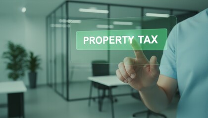 Person interacting with a transparent digital interface, selecting a property tax button, symbolizing online tax management, real estate finance, and modern financial technology in an office setting