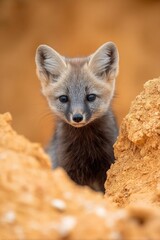 Obraz premium a fox cub peeking out of a sandy burrow. Concept Wildlife Photography, Fox Cub, Burrow Scene, Sandy Landscape, Curious Gaze
