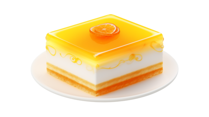 A square slice of orange cake on a white plate against a black background