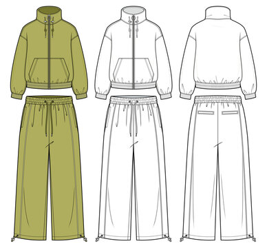 2026 Essential Zipup Tracksuit Set Fashion Illustration. Matching Track Jacket and Track Pants with Toggle Funnel Neck, Kangaroo Pocket, Rib Knit Cuffs. Front Back Views. Unisex Sportswear. CAD Set.