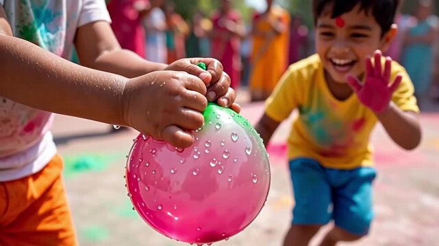 Kids playing with water balloon during holi festival