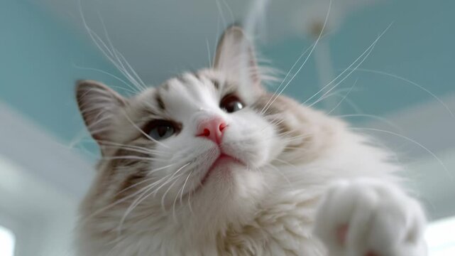 A cat engages with a piece of string, pouncing and swatting in an indoor space. The playful interaction shows the cat's curiosity and energy while exploring