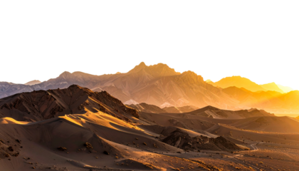 a panoramic mountains range at sunrise golden hour isolated on transparent background.