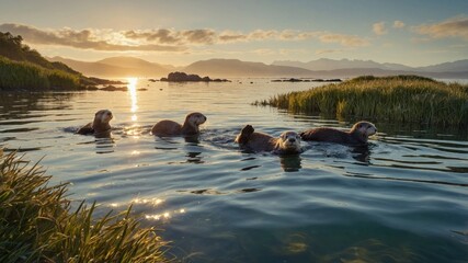 Naklejka premium Group of playful otters swimming in a serene coastal bay at sunset, with mountains in the background