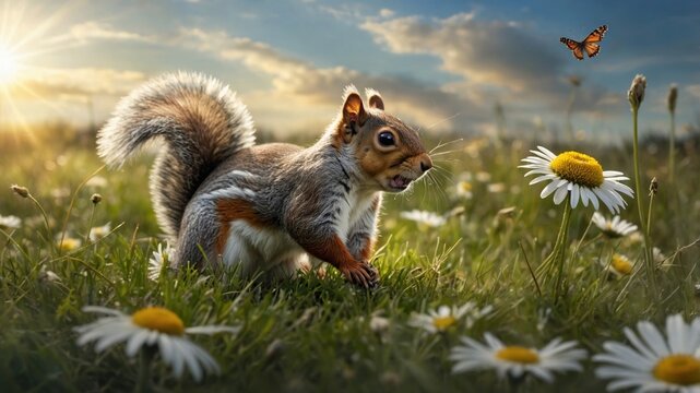 Squirrel in a meadow with daisies, chasing a butterfly under a sunset sky, vibrant nature scene