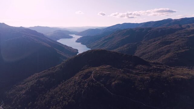 Aerial view of river winding through mountains in Peneda Geres Portugal