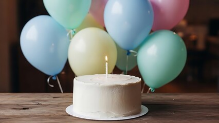 Pastel Balloons Surround Simple Birthday Cake with a Single Lit Candle