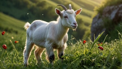 Obraz premium Playful white goat standing in a lush green meadow surrounded by wildflowers under a sunny sky