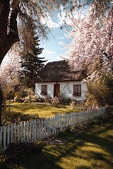 Naklejka premium A white cottage with a thatched roof, pink cherry blossoms, and a white picket fence in a sunny garden. Concept Thatched Cottage, Cherry Blossoms, White Picket Fence, Sunny Garden, Idyllic Retreat
