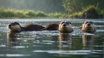 Fototapeta premium Three playful otters swimming in a serene lake surrounded by lush greenery at sunrise