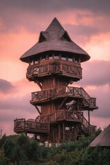 Naklejka premium A multi-level rustic wooden treehouse tower with a thatched roof and winding staircases, set against a pink sunset. Concept Rustic treehouse, Multi-level wooden tower, Thatched roof