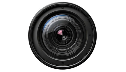 A frontal view of a professional camera lens with intricate glass elements