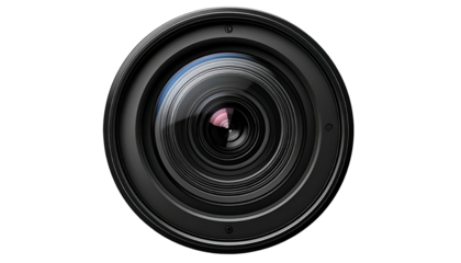 A frontal view of a professional camera lens with intricate glass elements