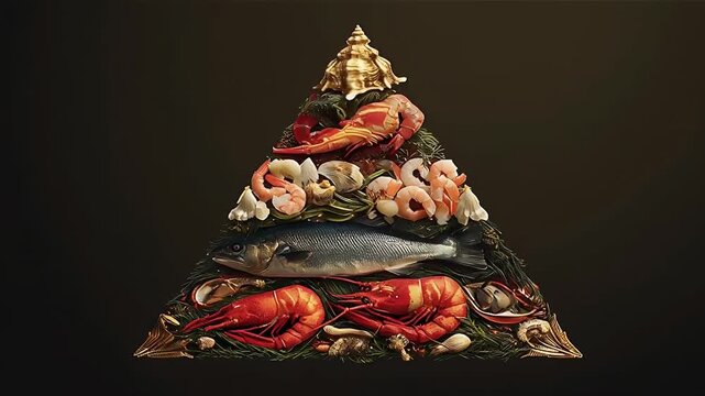 Chef garnishing seafood dish in slow motion concept. A stunning seafood pyramid display featuring various shellfish and fish. 
