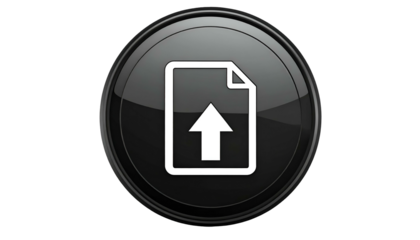 Glossy black button with white paper icon and upward arrow, on a dark background