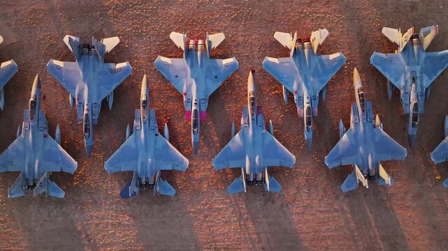 Aerial view of several F-15 fighter jets lined up, casting long shadows on the ground, creating a striking contrast between the aircraft and the terrain, Tucson, Arizona, United States.