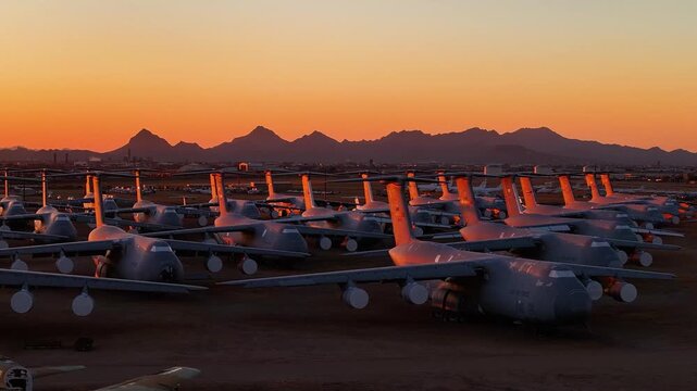 Aerial view of rows of airplanes in the desert landscape under the orange glow of the setting sun, Tucson, Arizona, United States.