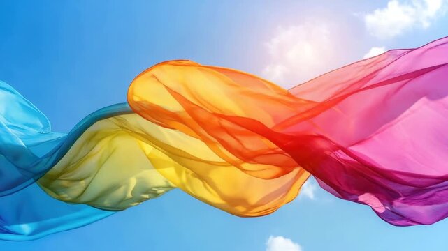 silk cloth in rainbow colors fly on blue sky background animation