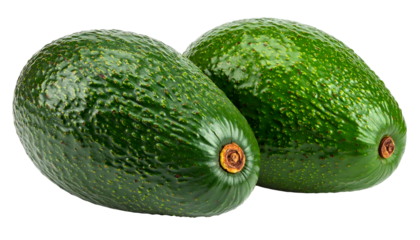 Two ripe, green avocados with textured skin and small stems against a transparent backdrop