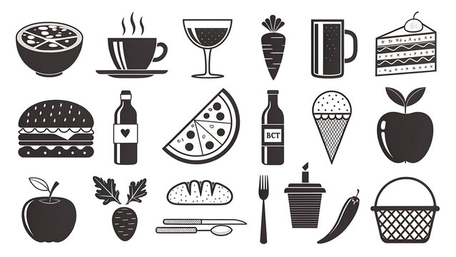 Black and white food icons set for commercial use