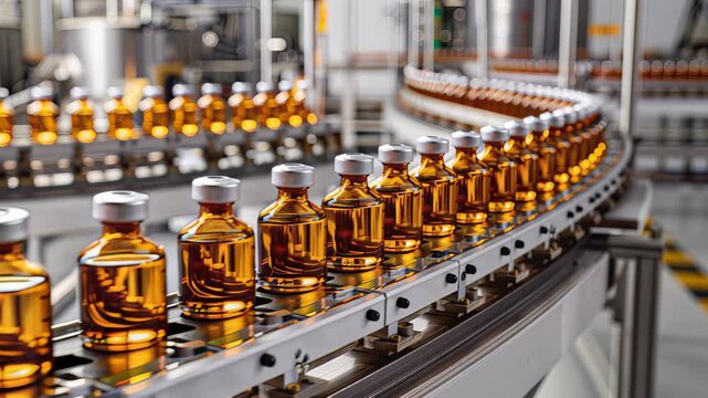 Automated production line with glass vials symbolizing vaccine development in pharma manufacturing