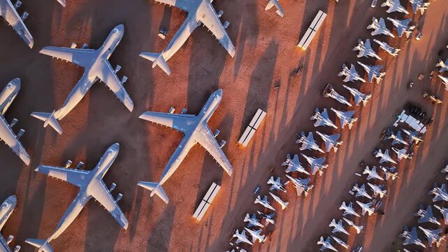 Aerial view of large airplanes and fighter jets casting long shadows on the desert floor, creating a geometric pattern, Tucson, Arizona, United States.