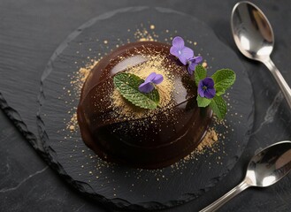 Decadent chocolate dessert with edible flowers and mint on slate plate