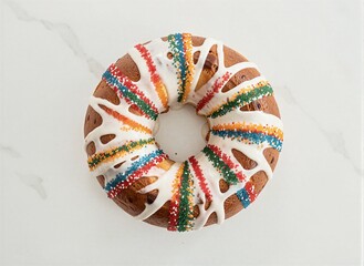 Festive holiday ring cake with colorful sprinkles and white icing on marble surface