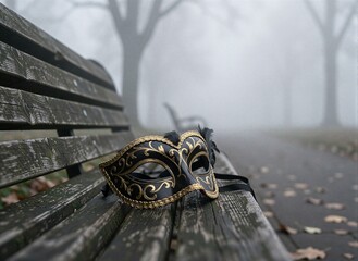 Ornate mask on weathered park bench amidst misty autumn morning