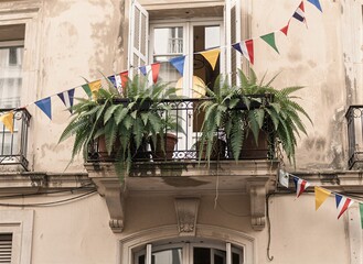 Charming european balcony with ferns and colorful flags