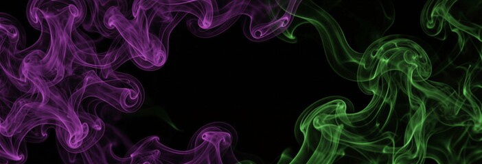 Vivid purple and green smoke swirls on black background