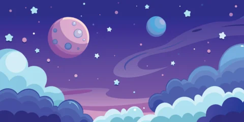 Fotobehang Warm Paars A bright full moon and glowing stars illuminate a dark blue night sky over a peaceful winter landscape vector illustration   © Tanjir