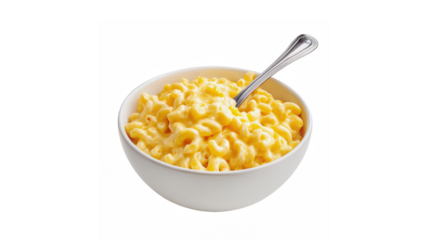 A delicious bowl of creamy, golden macaroni and cheese with a spoon, perfect comfort food