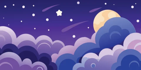 Gardinen Violett A bright full moon and glowing stars illuminate a dark blue night sky over a peaceful winter landscape vector illustration   © Tanjir