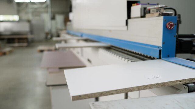 Close-up of a worker's hands taking processed wood panels from an edge bander machine in a busy furniture manufacturing workshop