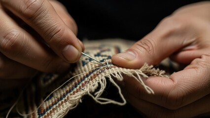 Close-up of hands repairing a woven fabric with frayed threads on a dark background.