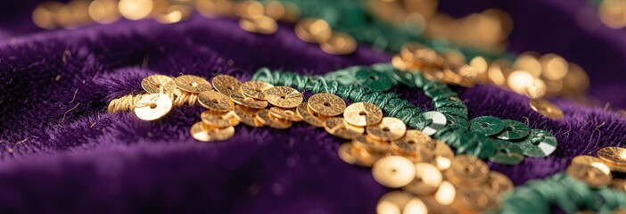 Close-up of gold and green sequins on purple fabric surface
