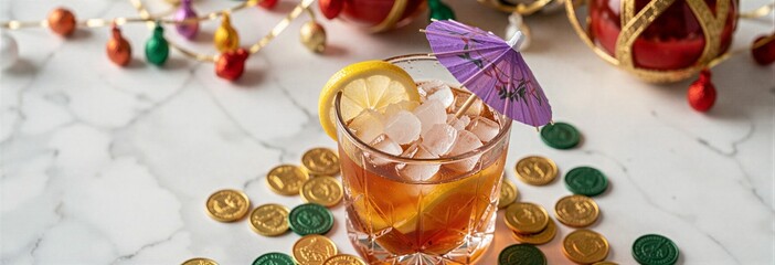 Festive cocktail with lemon and umbrella surrounded by coins and holiday decorations
