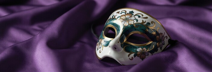 Elegant floral masquerade mask on luxurious purple fabric background