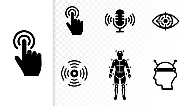Set of 6 Minimal Human Machine Interaction HMI Icons Isolated White Background Touch Voice Haptic Motion