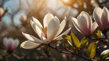 Fototapeta premium Close-up of blooming magnolia flowers in soft sunlight, highlighting delicate petals and foliage