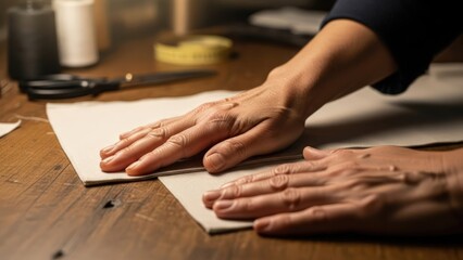 Close-up of two hands working on a paper craft project on a wooden desk with crafting tools.