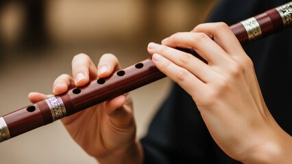 Close-up of hands playing a brown wooden flute with gold accents in a blurred background.