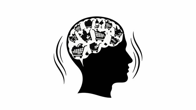 Overwhelmed mind filled with shopping carts, symbolizing consumerism and excessive buying.