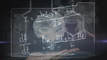 Animation of rotating brain and math formulas on black background with woman hand - Powered by Adobe