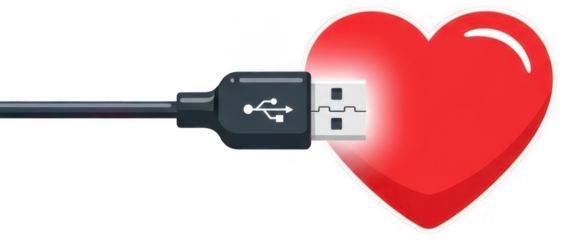 Red Heart png Digital Love cutout USB Connector png Black Cable cutout Connected Link png Romance Interface cutout Cyber Affection png Data isolated transparent background image