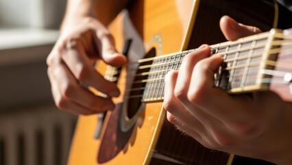 Fototapeta premium Close-up of hands playing an acoustic guitar with a shallow depth of field in a bright room.
